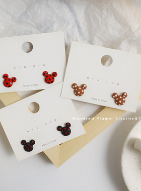 S925银针 韩国可爱卡通磨砂撞色米奇头耳环 迪士尼波点米老鼠耳钉