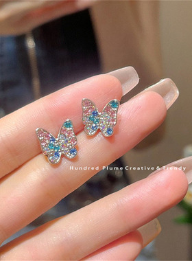 S925银针东大门独特彩色锆石蝴蝶耳钉小众设计高级感小巧耳环饰女