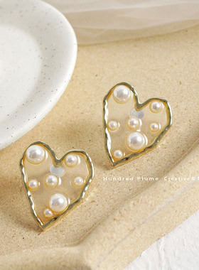 S925纯银针 杨丞琳同款求婚爱心珍珠耳钉 韩国东大门气质耳环耳夹