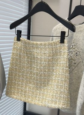 亮片闪闪毛呢半身裙女秋冬小香风短裙呢子一步包臀裙A字高腰显瘦