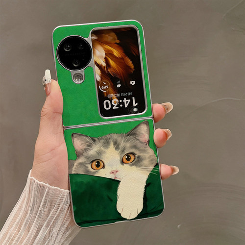 绿底萌猫适用OPPOFindN3flip手机壳折叠屏保护套新款气质findn2flip高档奢华电镀全包保护壳