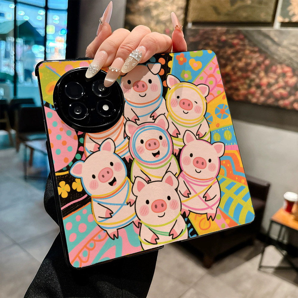 线条画小猪猪适用OPPO Find N5手机壳FIND N6新款折叠屏N4高档防摔保护套创意高级感磁吸休眠翻盖皮纹