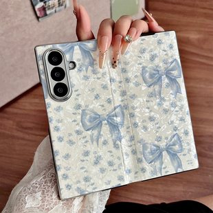 蓝缎带绕小花适用三星Galaxy Z Fold7手机壳女新款zfold6折叠屏fold5贝壳纹电镀翻盖fold4防摔保护套
