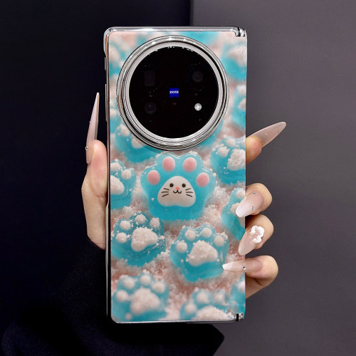 蓝色猫爪果冻糖适用vivoxfold5手机壳折叠屏保护套xfold3pro贝壳纹皮质中轴磁吸fold3半包后壳