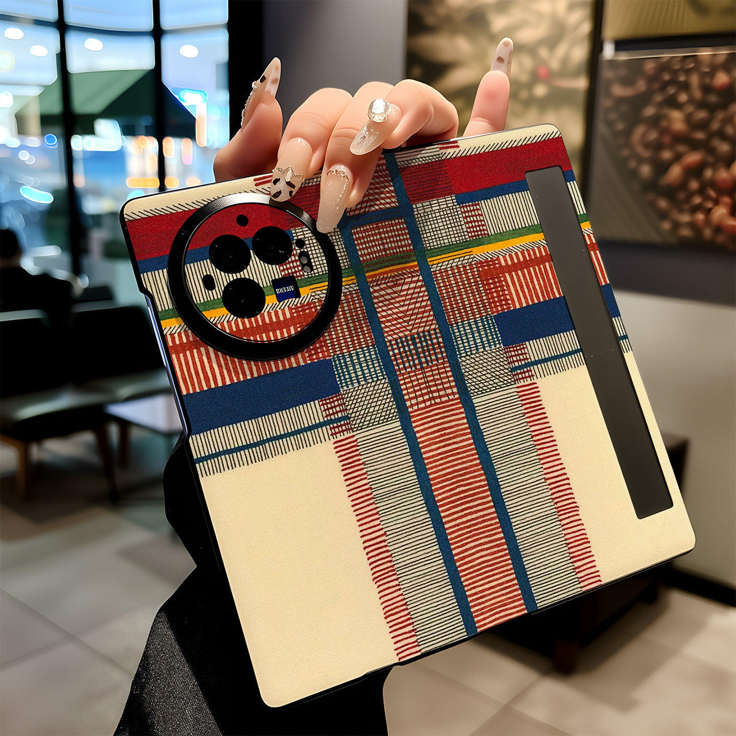 适用vivo X Fold5手机壳X Fold3 pro个性新款折叠屏高档防摔保护套高级感磁吸休眠翻盖皮纹红蓝线条格子