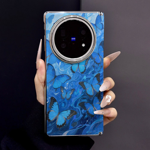 克莱因蓝蝴蝶适用vivoxfold5手机壳折叠屏保护套xfold3pro贝壳纹皮质中轴磁吸fold3半包后壳