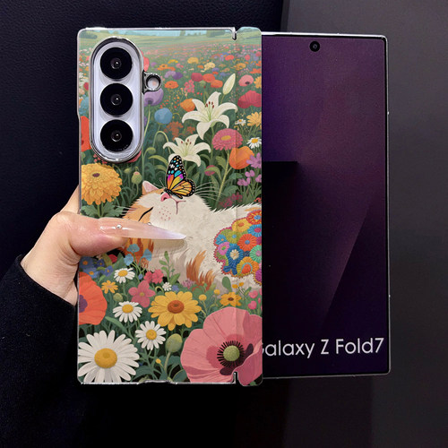 花丛猫咪适用三星Galaxy Z Fold5手机壳Z Fold7新款Fold6折叠屏Fold3高级感贝壳纹磁吸防摔保护套