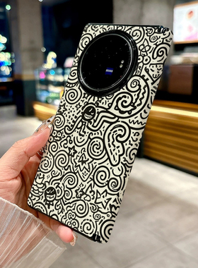 黑色线图涂鸦适用vivo X Fold5手机壳X Fold3pro新款质感男女折叠屏个性防摔保护套高级皮纹青春磁吸质感