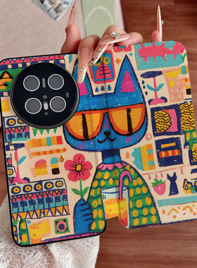 童趣原始风蓝猫装饰画适用华为mate80手机壳mate80mate70mate60防摔UV喷绘P80proP70pro创意P80P70翻盖皮套