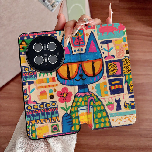 童趣原始风蓝猫装饰画适用华为mate80手机壳mate80mate70mate60防摔UV喷绘P80proP70pro创意P80P70翻盖皮套