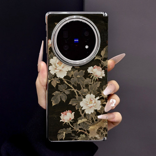 黑金工笔白牡丹蜻蜓适用vivoxfold5手机壳折叠屏保护套xfold3pro贝壳纹皮质中轴磁吸fold3半包后壳