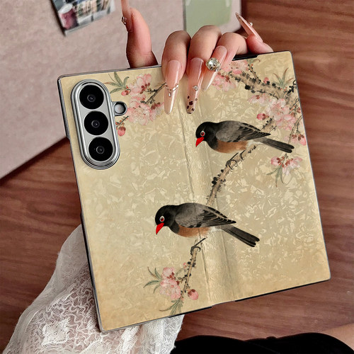 桃枝双栖图适用三星Galaxy Z Fold7手机壳女新款zfold6折叠屏fold5贝壳纹电镀翻盖fold4防摔保护套