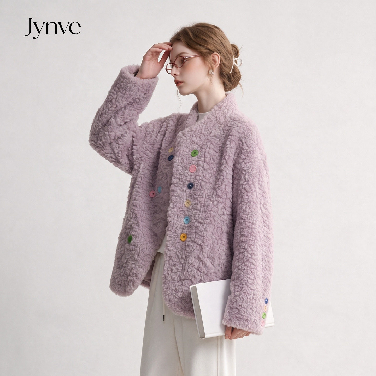 Jynve 香芋紫超好看彩扣羊羔毛外套女2026秋冬季宽松软糯皮毛一体