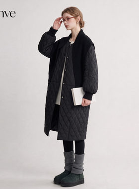 黑色针织披肩菱格棉服女中长款