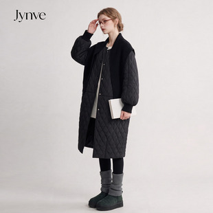 Jynve 黑色针织披肩菱格棉服女中长款2026冬韩系chic宽松保暖棉衣