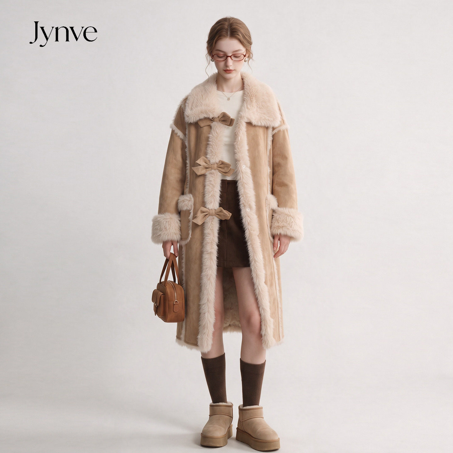Jynve 巨好看蝴蝶结皮毛一体外套女中长款2026秋冬麂皮绒加绒大衣