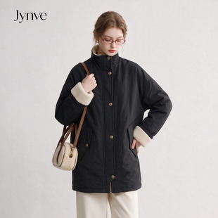 Jynve 黑色加绒加厚工装外套女2026冬季新款慵懒风立领保暖派克服