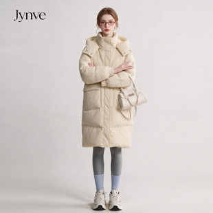 Jynve 杏色连帽羽绒服女2026冬新款韩系加厚保暖中长款白鸭绒外套