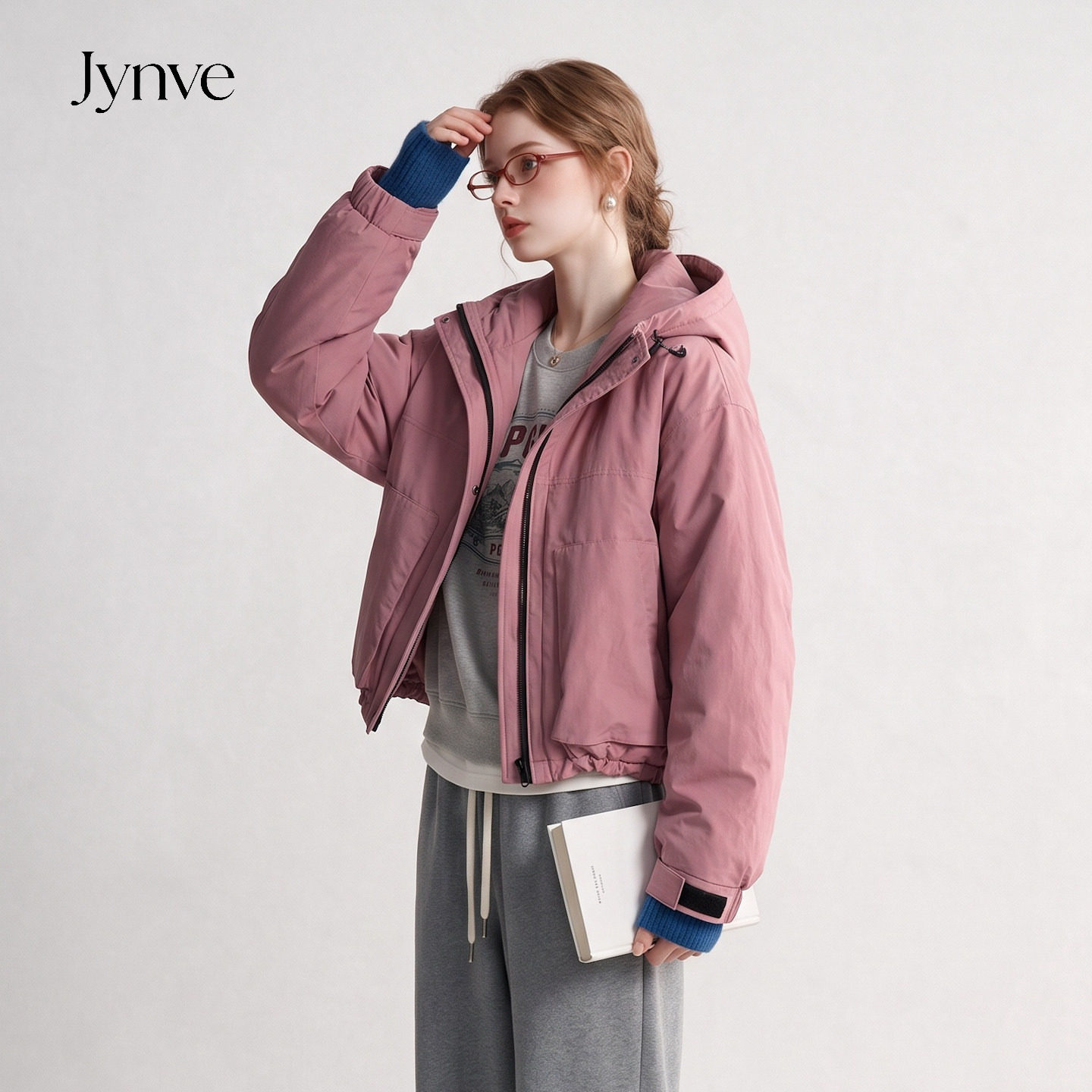 Jynve 粉色连帽工装羽绒服女2026冬季户外休闲短款保暖冲锋衣外套
