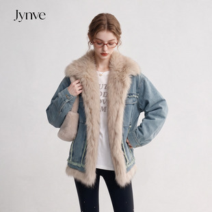 Jynve 蓝色复古大毛领夹棉加厚牛仔外套女2026冬季设计感保暖夹克