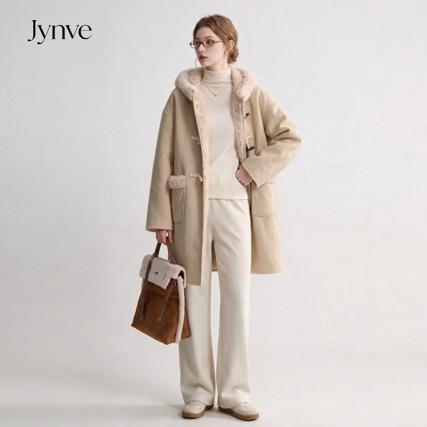 Jynve 连帽牛角扣麂皮绒羊羔毛外套女2026秋冬中长款皮毛一体大衣