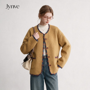 Jynve 南瓜色法式复古毛呢外套女2026秋冬季宽松格子拼接呢子上衣