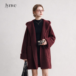 Jynve 酒红色连帽斗篷毛呢外套女2026秋冬中长款廓形圈圈呢子大衣