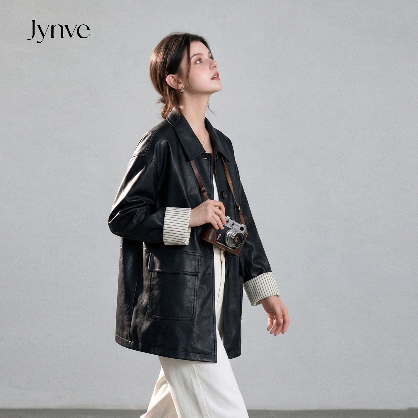 Jynve 黑色条纹拼接皮衣外套女2026秋季复古高级感中长款宽松夹克