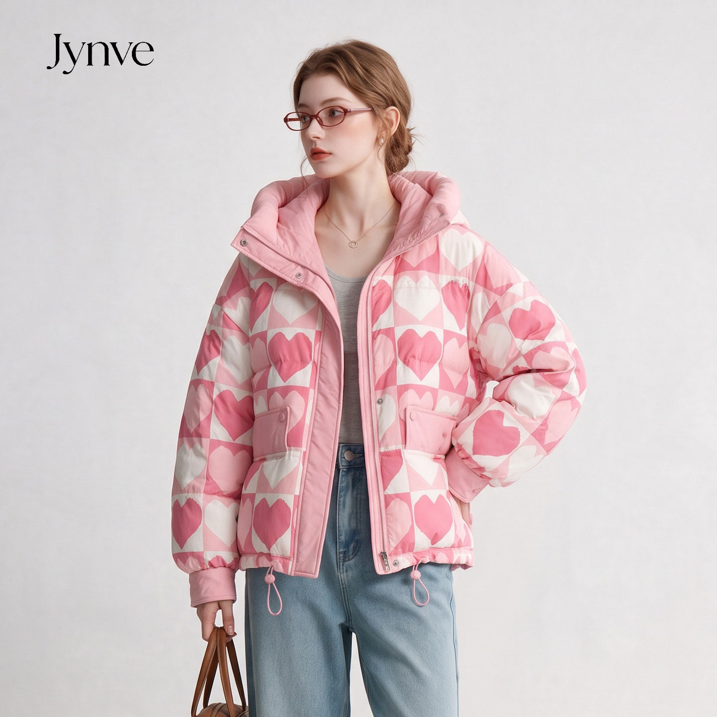 Jynve 粉色爱心印花连帽羽绒服女2026冬季设计感宽松90白鸭绒外套