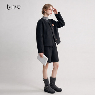 Jynve 黑色气质高级感套装女2026秋冬羊毛呢外套短裤小个子两件套