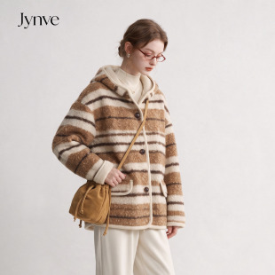 Jynve 韩系复古条纹连帽羊羔毛外套女2026秋冬宽松保暖圈圈呢上衣