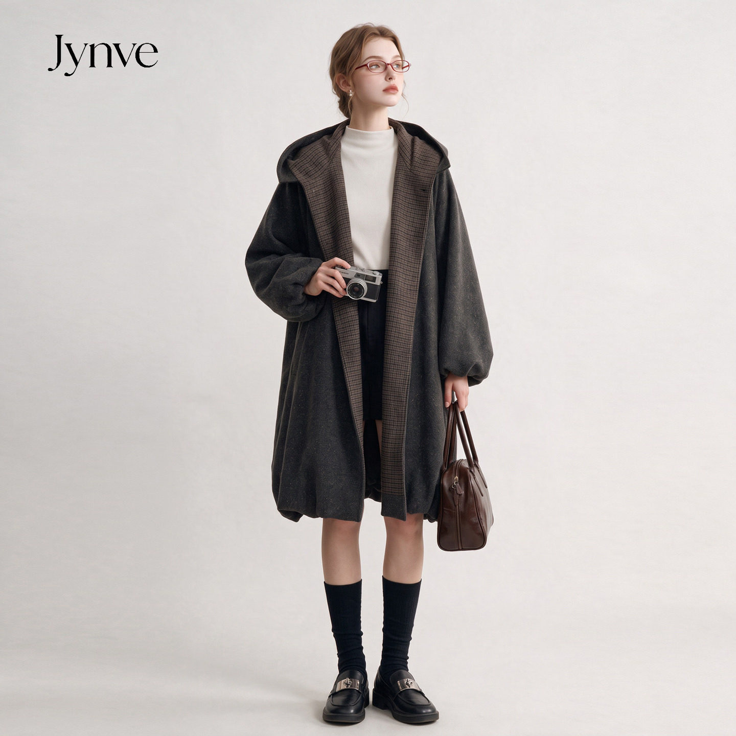 Jynve 复古连帽花苞毛呢外套女中长款2026秋冬季宽松廓形呢子大衣