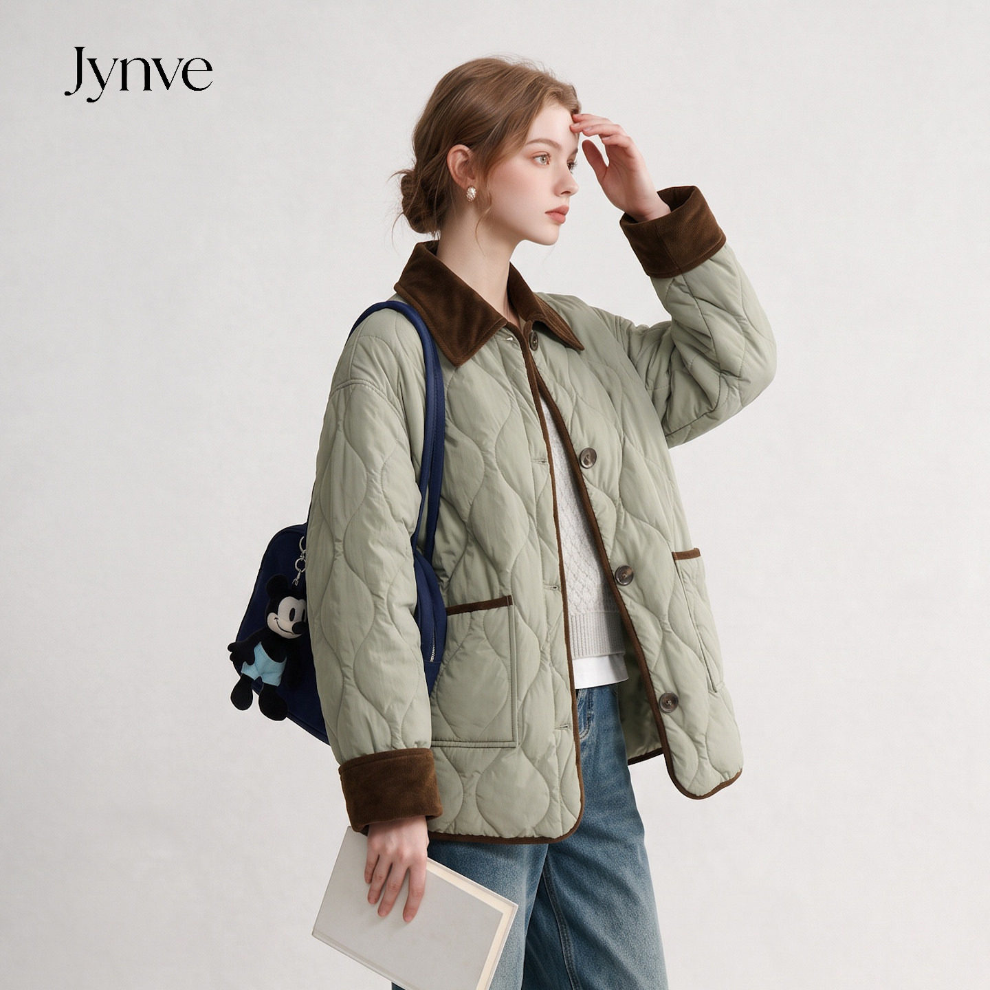 Jynve 韩系复古绿色菱格棉服女2026冬季新款宽松棉衣保暖加厚外套