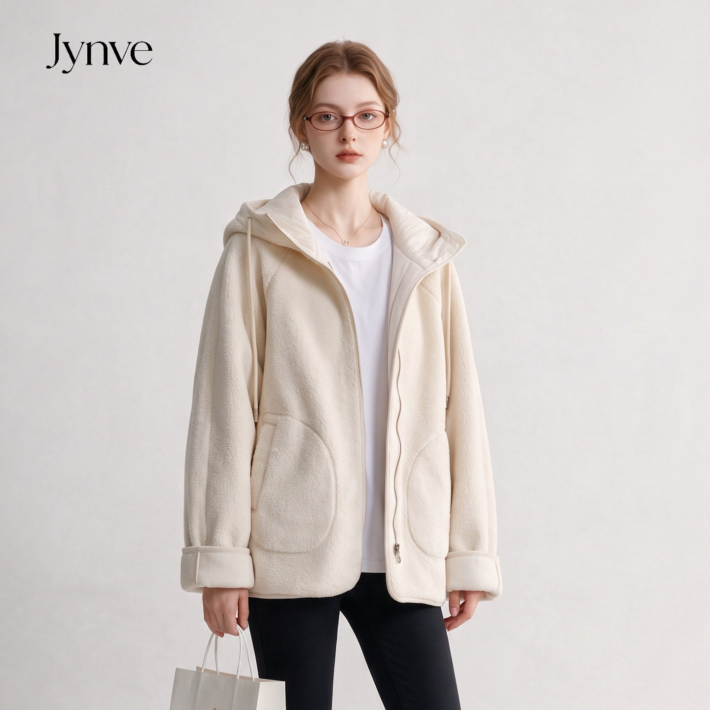 Jynve 米白色韩系休闲风连帽羊羔毛外套女2026冬新款皮毛一体上衣