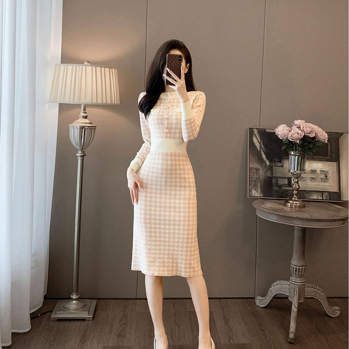 甜美纯欲风连衣裙复古时尚格子修身显瘦包臀裙秋季长袖圆领针织