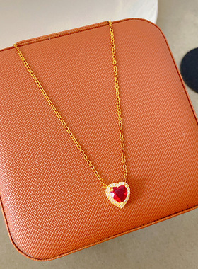 铜镀真金吊坠新款轻奢微镶锆石红色爱心项链气质甜美百搭跨境爆款