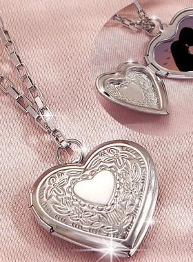 欧美跨境热销爱心心形可打开相盒吊坠不锈钢项链ins风花纹送情侣