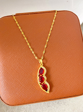 铜镀真金吊坠新款轻奢微镶锆石个性红色豌豆项链时尚气质跨境爆款