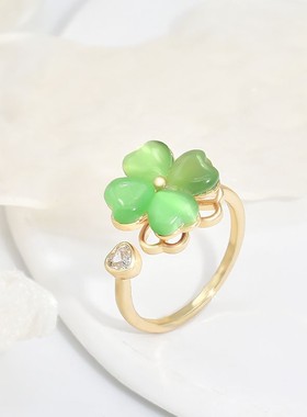 可旋转绿色猫眼石四叶草戒指女ins风百搭时尚指环开口可调节批发