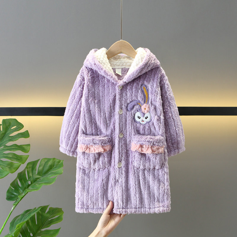 秋冬儿童睡袍法兰绒加厚单层男女中大童珊瑚绒卡通兔子家居服睡衣