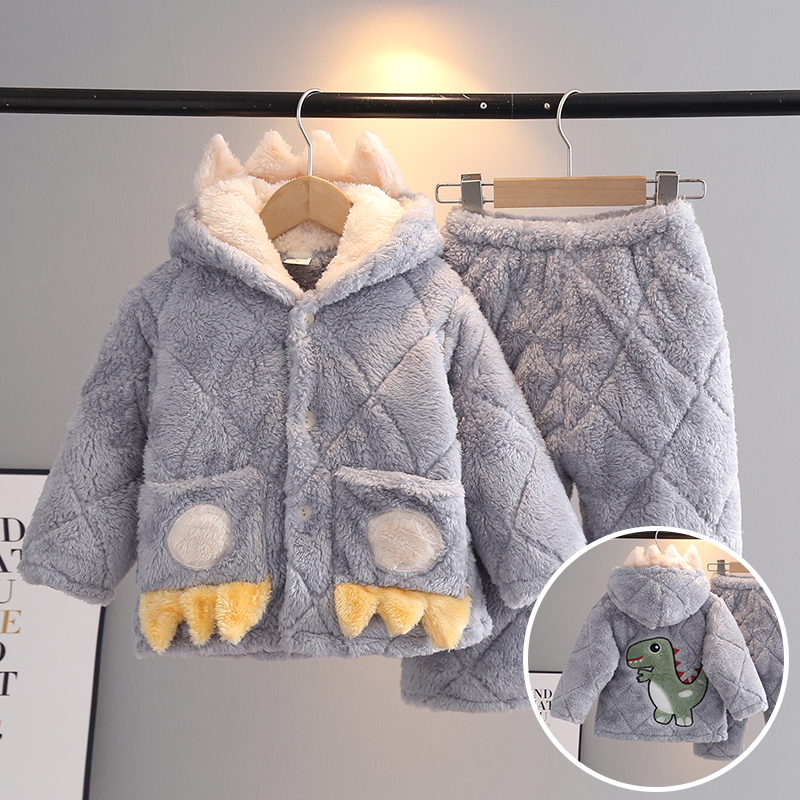 冬季儿童睡衣长毛绒加厚夹棉男童宝宝小孩子珊瑚绒家居服套装带帽