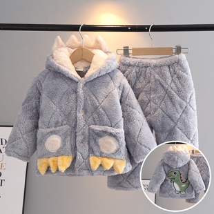 冬季儿童睡衣长毛绒加厚夹棉男童宝宝小孩子珊瑚绒家居服套装带帽