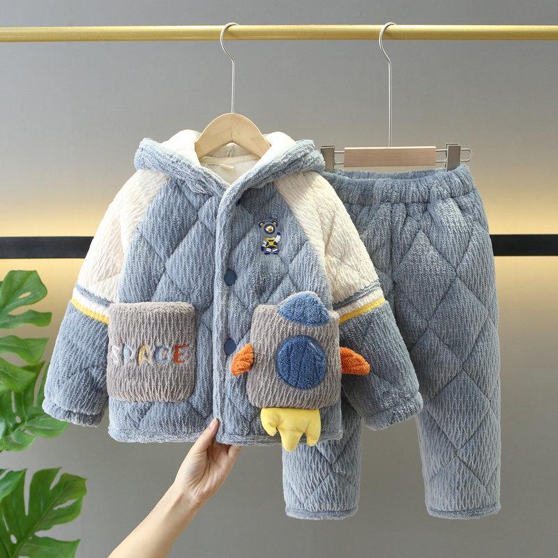 冬季儿童睡衣加厚夹棉法兰绒套装男孩子宝宝航天员保暖家居服连帽