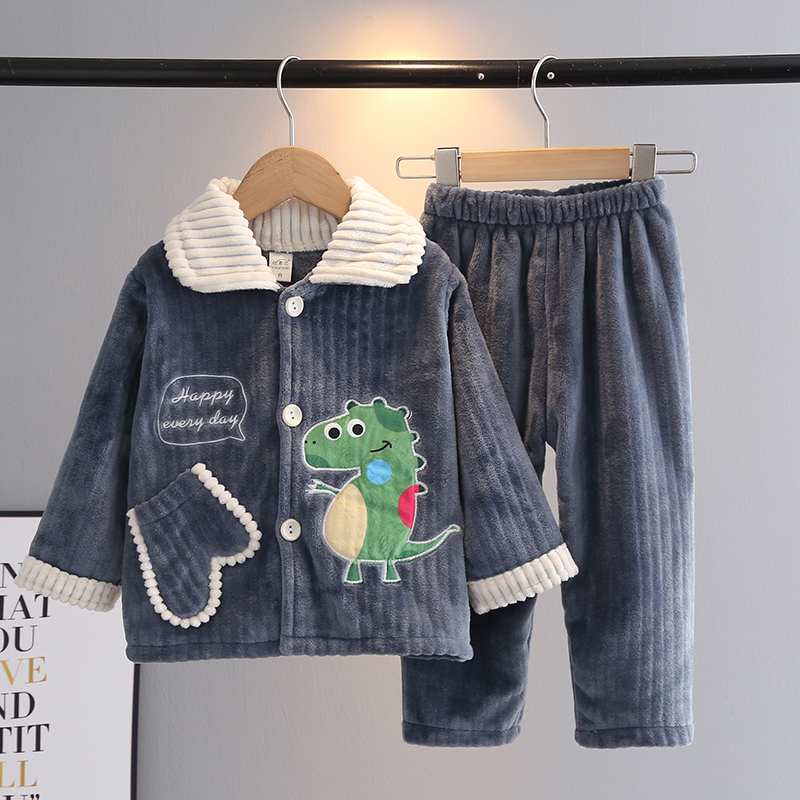 秋冬儿童睡衣法兰绒加厚套装男孩子宝宝珊瑚绒保暖卡通恐龙家居服