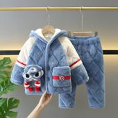 24冬季 儿童睡衣珊瑚绒三层加厚夹棉套装 男童宝宝中大童家居服连帽