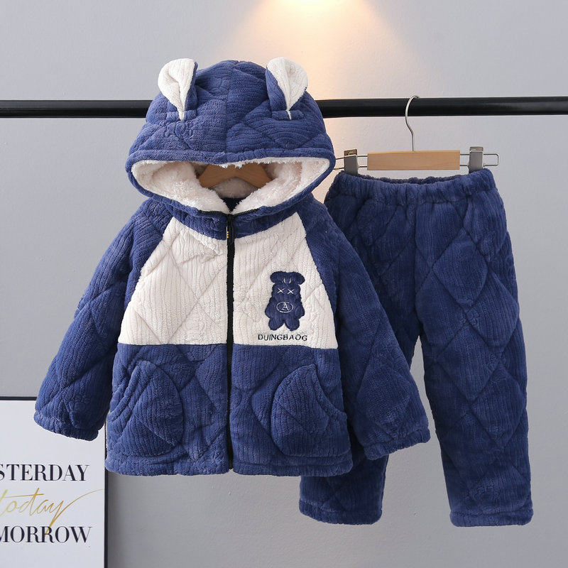 冬季儿童睡衣加厚夹棉男孩子中大童卡通法兰绒家居服保暖套装带帽