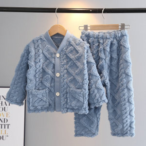 秋冬儿童睡衣法兰绒加厚男童女孩韩版三角领时尚家居服中大童开衫