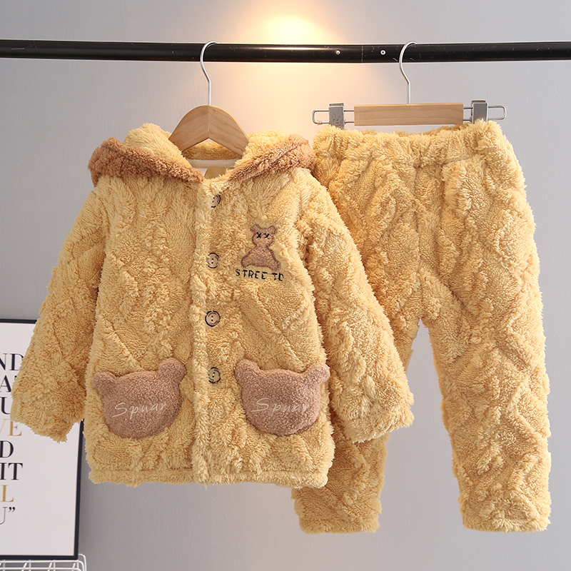 加厚北极绒儿童睡衣带帽夹棉冬季