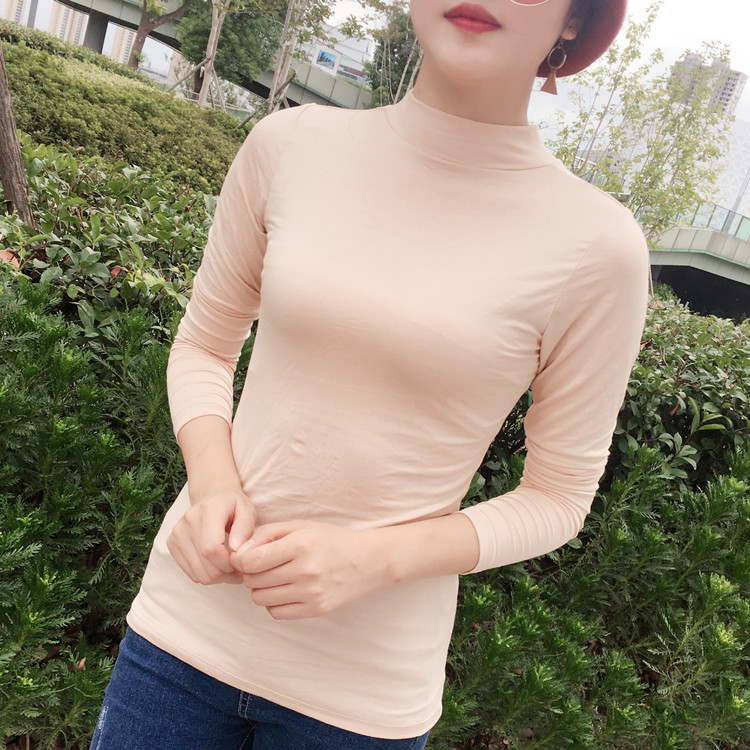 早秋简约半高领薄款打底衫外穿女长袖修身内搭中领T恤肉肤色秋衣