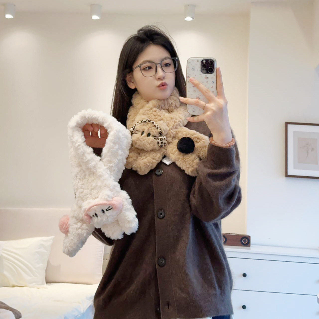 耳麦小狗围脖女秋冬季保暖毛绒绒围巾加厚少女心小清新款脖套